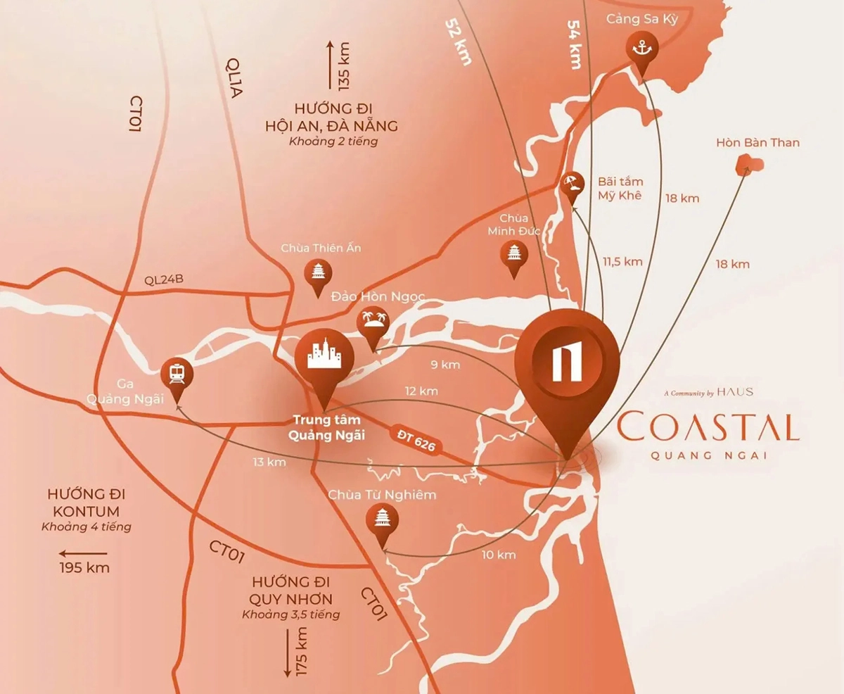 Bản đồ liên kết vùng Coastal Quảng Ngãi thể hiện kết nối đến trung tâm thành phố và các khu vực lân cận.