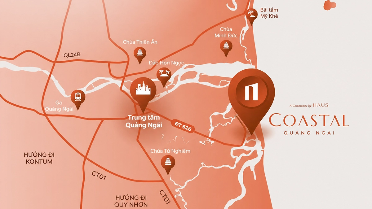 Vị trí Coastal Quảng Ngãi trên bản đồ thực tế tại khu vực ven biển tỉnh Quảng Ngãi.