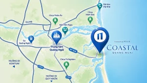 Sơ đồ vị trí dự án Coastal Quảng Ngãi và khoảng cách kết nối đến trung tâm thành phố, biển Mỹ Khê, sân bay và các tỉnh lân cận.