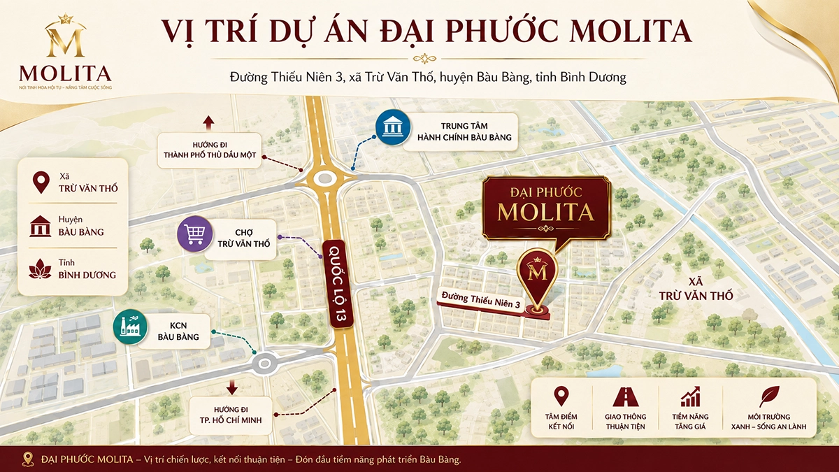 Bản đồ vị trí dự án Đại Phước Molita tại đường Thiếu Niên 3 xã Trừ Văn Thố huyện Bàu Bàng tỉnh Bình Dương